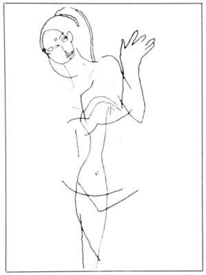 A 1968 plotter drawing by Leslie Mezei, a single continuous line describing a standing figure, reproduced on his Compart artist page from the years he built the SPARTA graphics library.