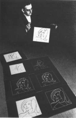 A period black-and-white photograph from Leslie Mezei’s compArt record showing him behind a display of computer-plotted line drawings.