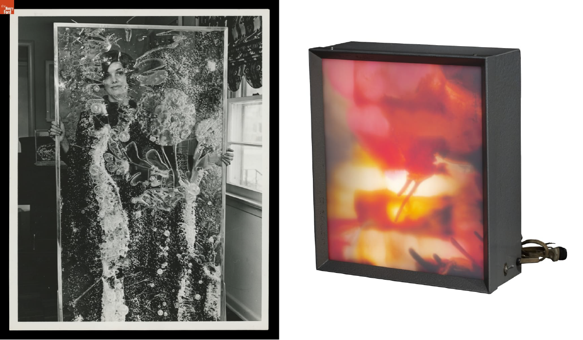 Left: Lillian Schwartz looking through one of her cast acrylic panels, 1968. Right: her Illuminated Light Box, 1966 - a two-picture plate from The Henry Ford's Schwartz archive.