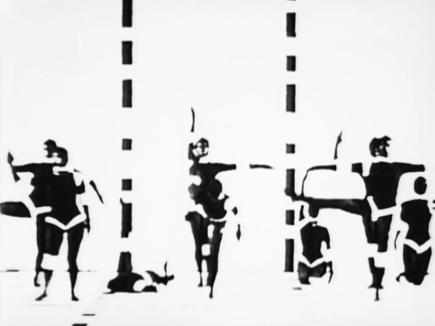 A still from Analívia Cordeiro's M 3x3 (1973): dancers in high-contrast black-and-white silhouette, arms outstretched, spaced along the dashed grid lines of the three-metre-square studio matrix.