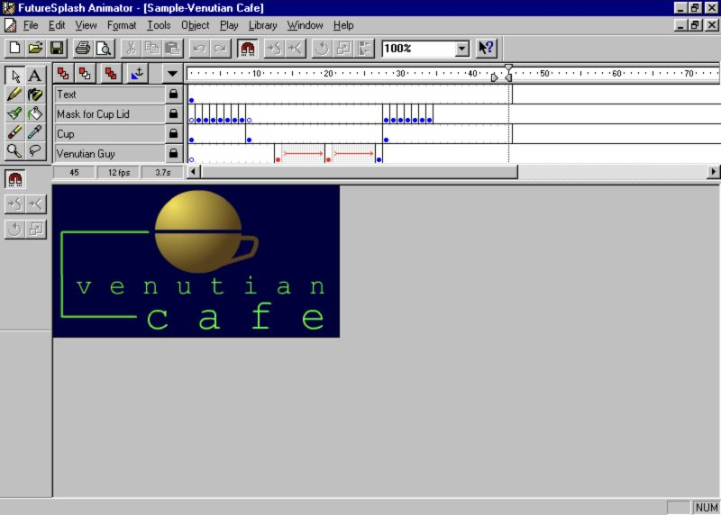 FutureSplash Animator window with a layered timeline and the Venutian Cafe sample: a yellow cup above green lettering.