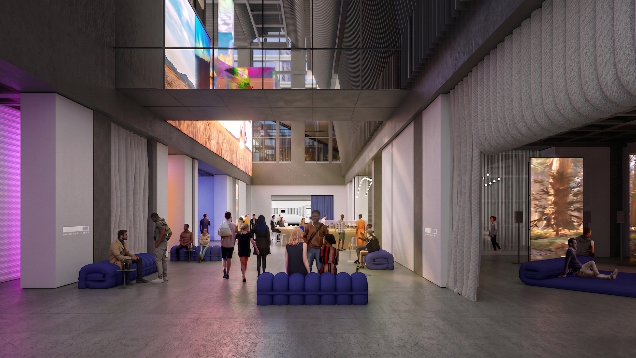 An architectural rendering shows a tall gallery atrium with large video screens, violet seating and visitors on two levels.