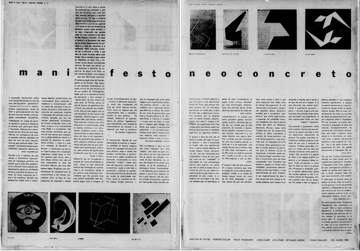 Two-page newspaper spread headed Manifesto Neoconcreto with text columns, abstract artworks and the signatories’ names.