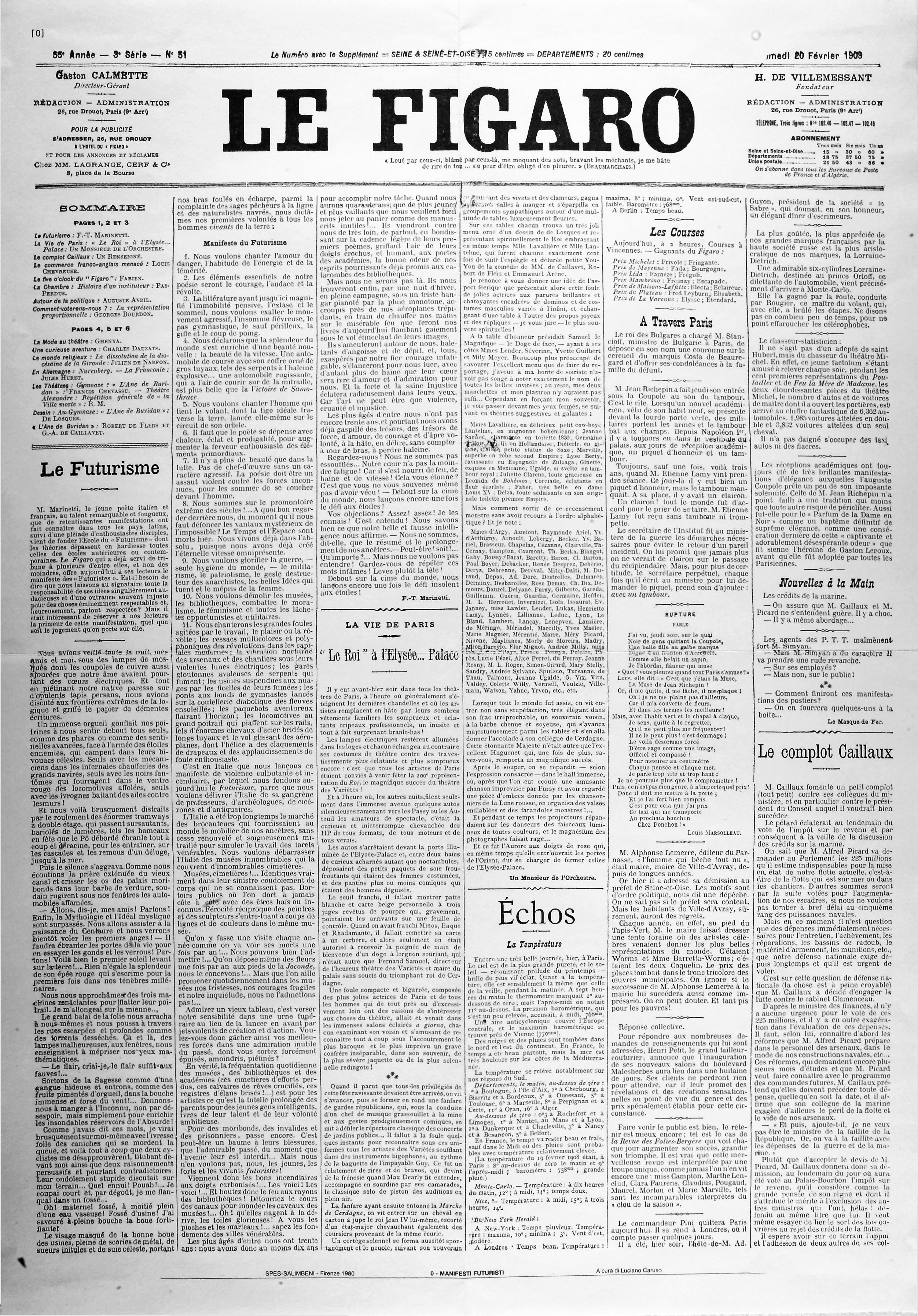 Full newspaper front page, headed Le Figaro, with the Futurist Manifesto filling its first three columns.