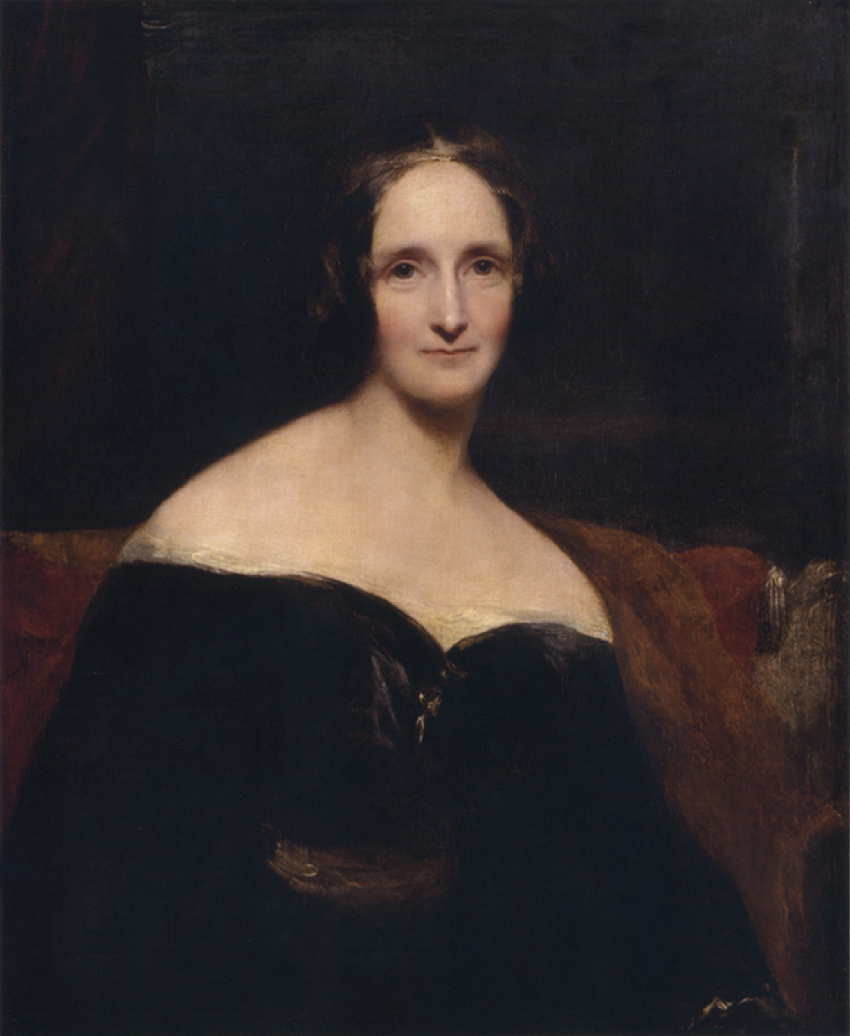 Painted portrait of Mary Shelley in a dark dress with pale shoulders and dark curls, seated against a warm brown background.