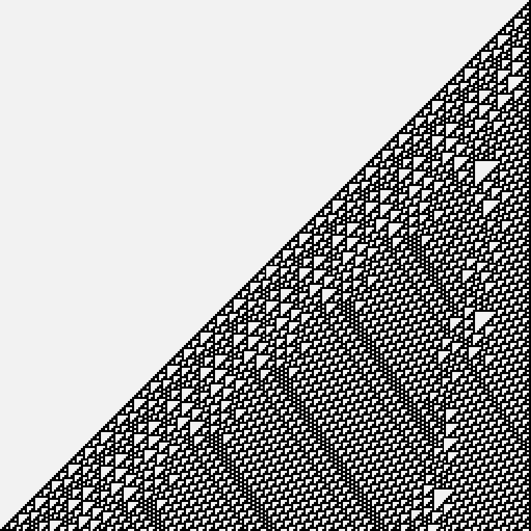 A 768-generation run of the Rule 110 elementary cellular automaton from a single live cell, the automaton Matthew Cook proved capable of universal computation.