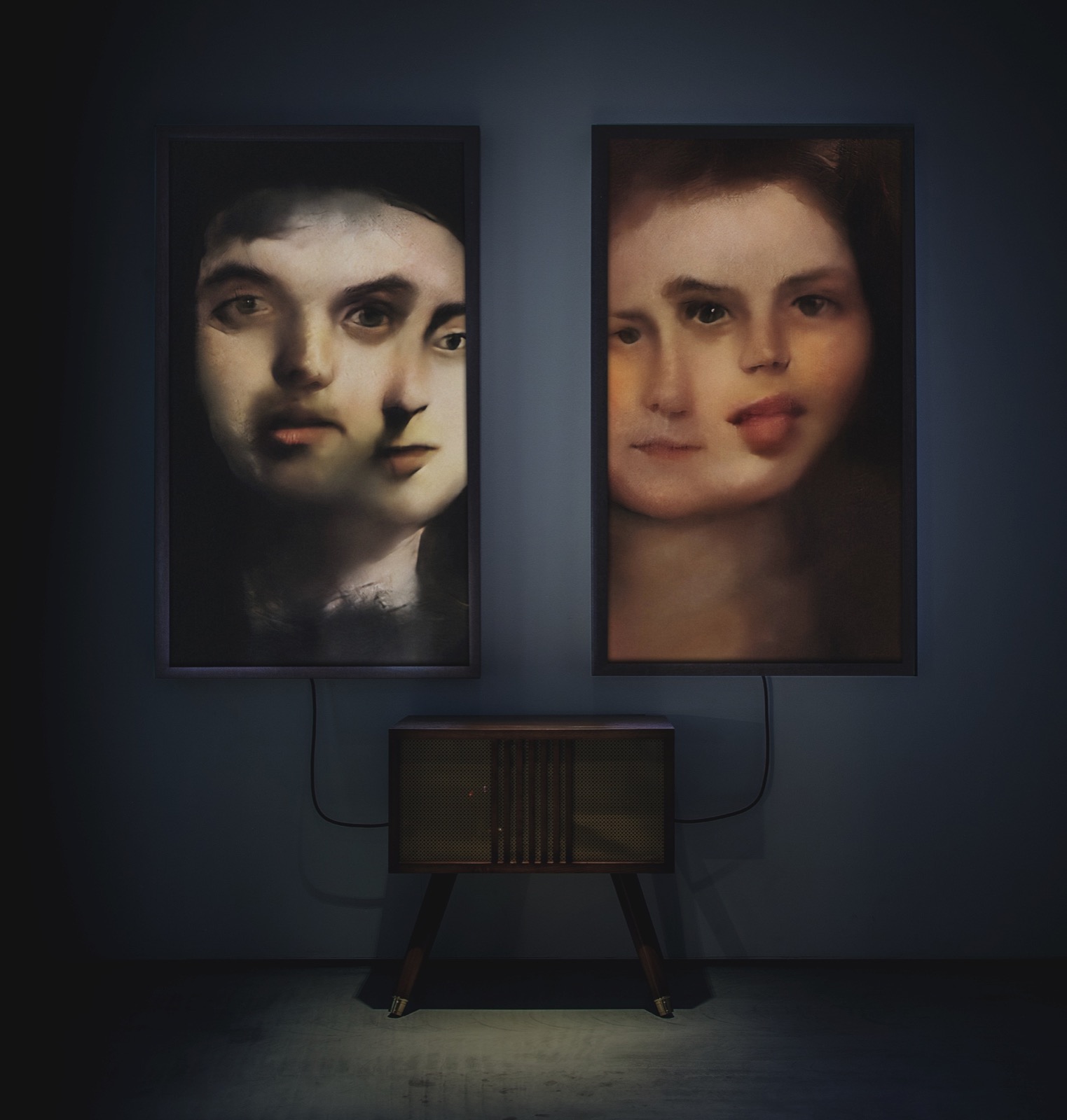 Sotheby's catalogue image of Memories of Passersby I: the chestnut wood console with its two framed screens showing the continuously generated portraits.