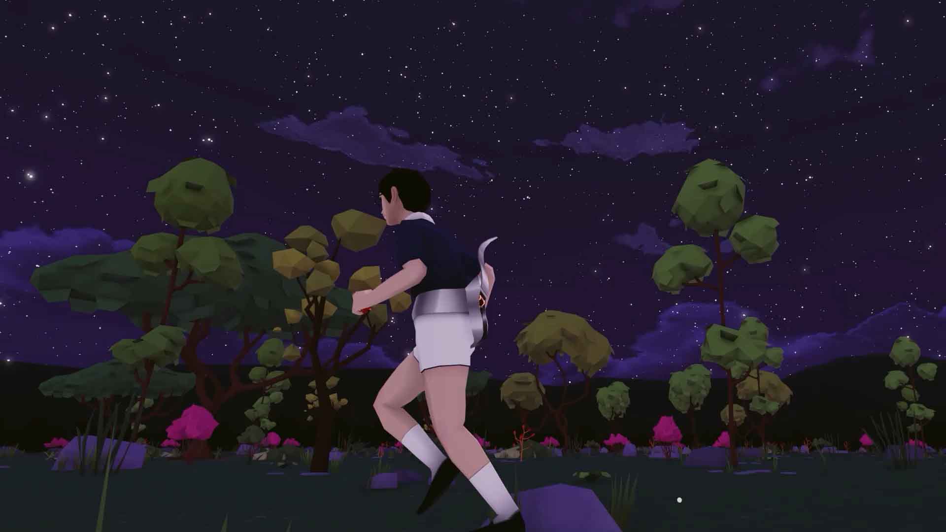 A virtual avatar in white clothing wears a metallic waist device, with a red stain on the clothing, against a purple star-filled environment in Menstrualverse.