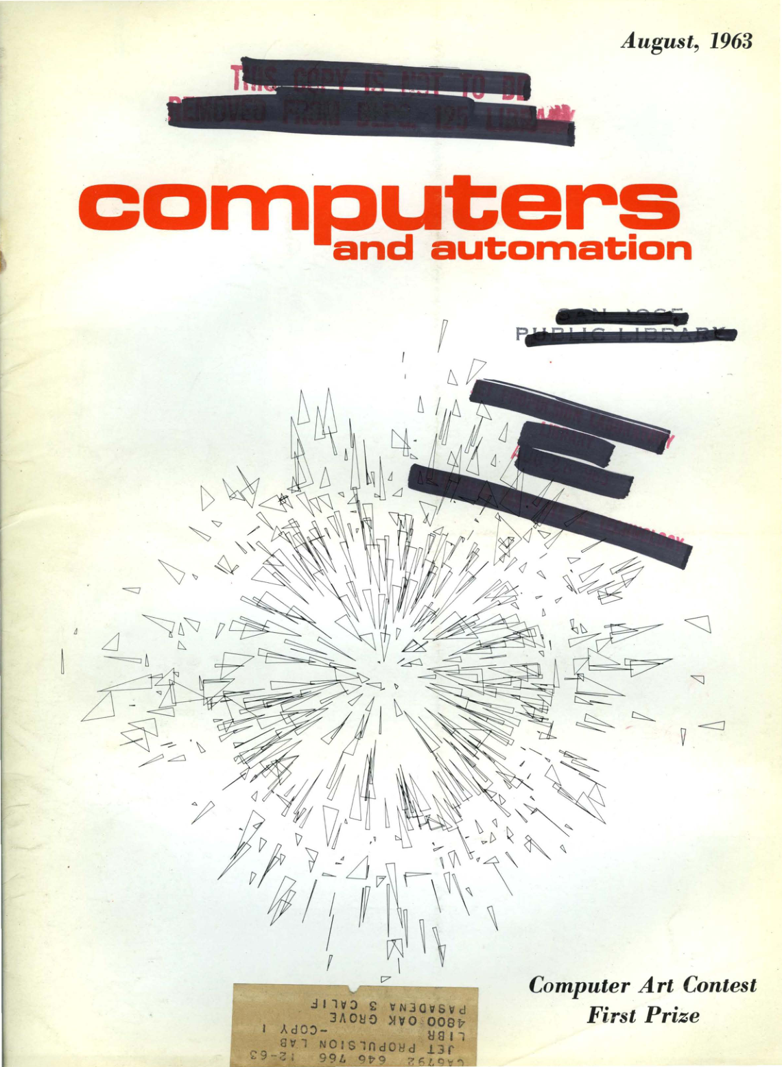 The August 1963 Computers and Automation cover features a radial plot of thin angular lines and the words Computer Art Contest First Prize; original library stamps remain visible.