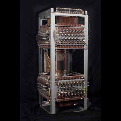 A rack unit from MIT's Whirlwind computer, photographed against black — the machine's chassis, not its oscilloscope display.