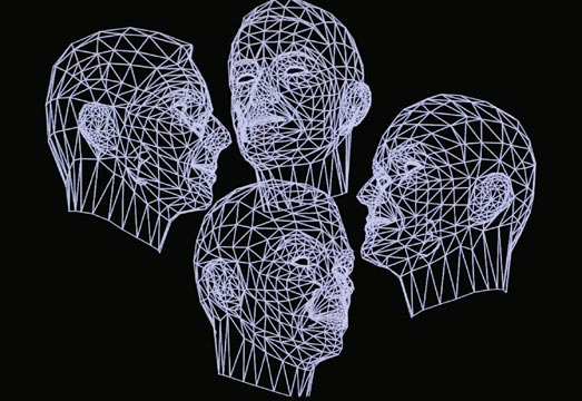 Four wireframe head models from Rebecca Allen's 1986 facial-animation work, made with the face-modelling software she developed that year for Kraftwerk's Musique Non Stop; the image is published on the artist's own site under that project's title, not as Modelisation d'un visage.