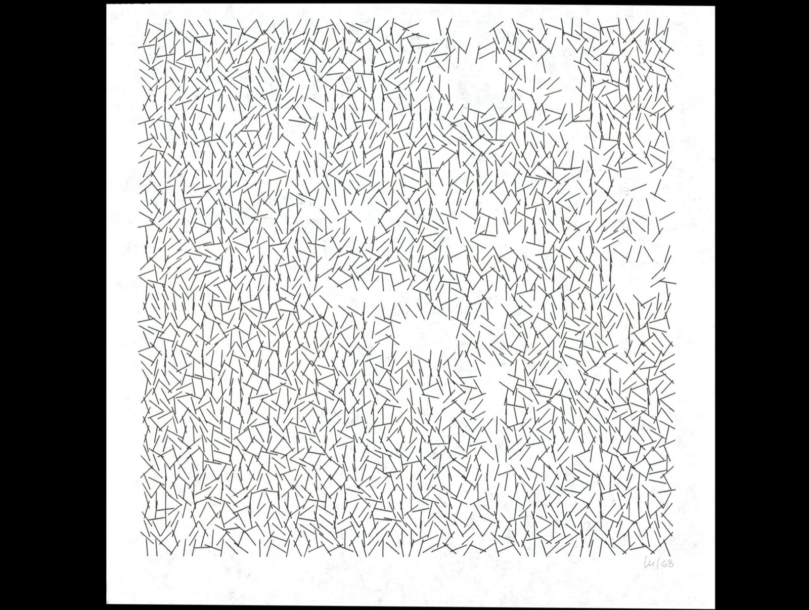 Vera Molnar's Interruptions (1969), the earliest of her computer-plotted works in the V&A, made in the year after she first gained access to a computer at the Bull-GE headquarters in Paris.