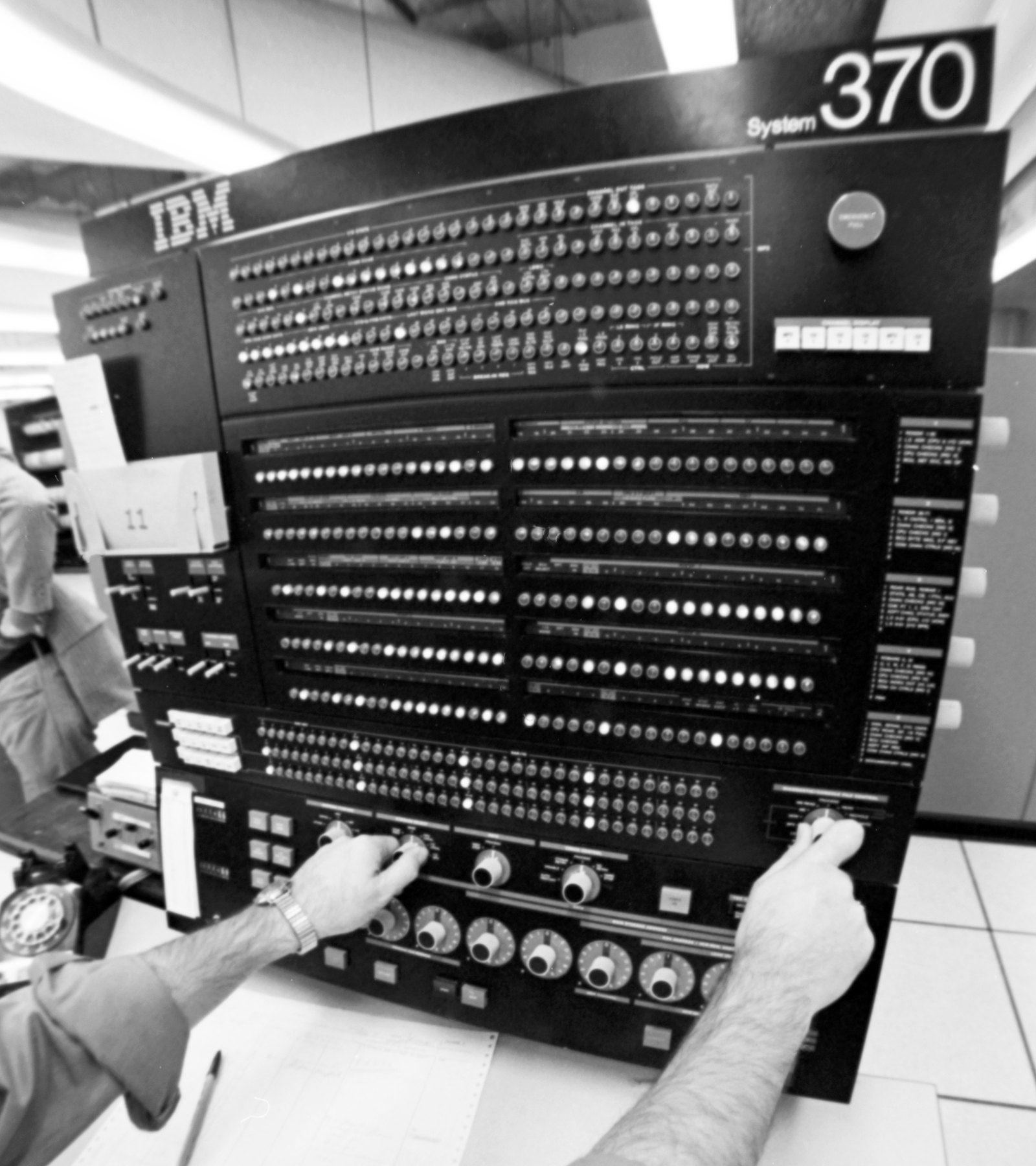 An IBM System/370 control panel at Université Laval, Quebec, in September 1972.