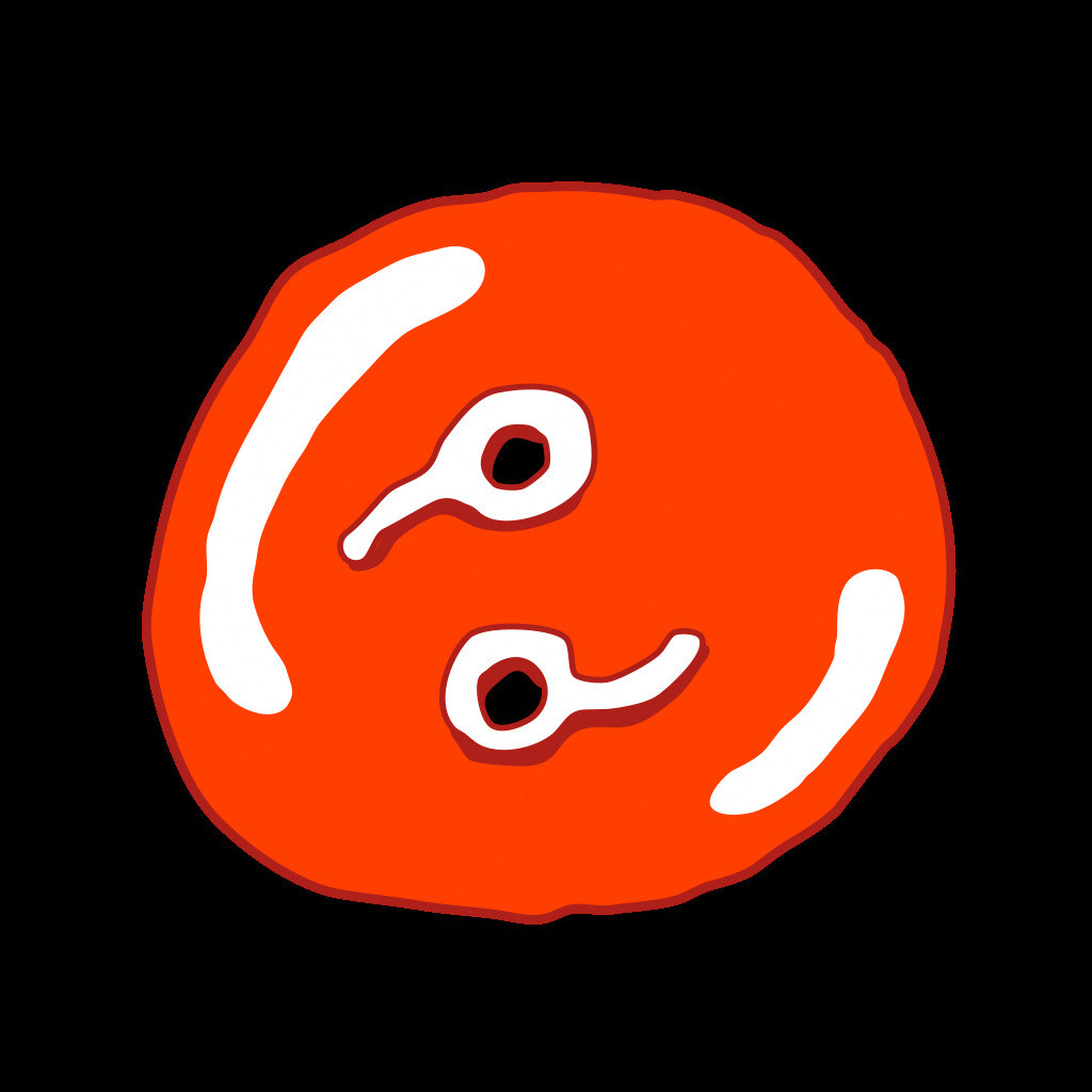 A red circular figure with white eyes appears against a black field in Ian Cheng’s 3FACE.