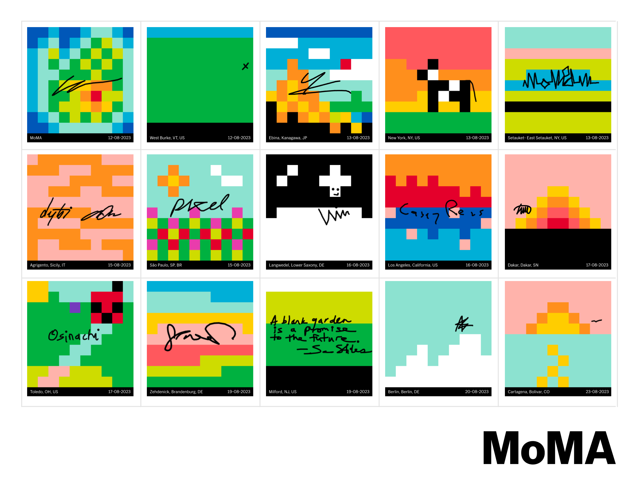 Fifteen individually signed digital stamps depict varied landscapes, plants, a figure and abstract forms in a three-by-five grid.