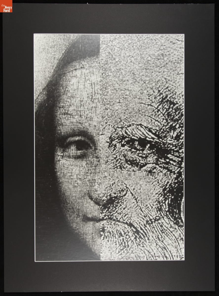 A signed, editioned print of Lillian Schwartz's Mona-Leo, joining half of the Mona Lisa to the mirrored half of Leonardo's self-portrait; The Henry Ford dates this print 1988, a year after the image was made.