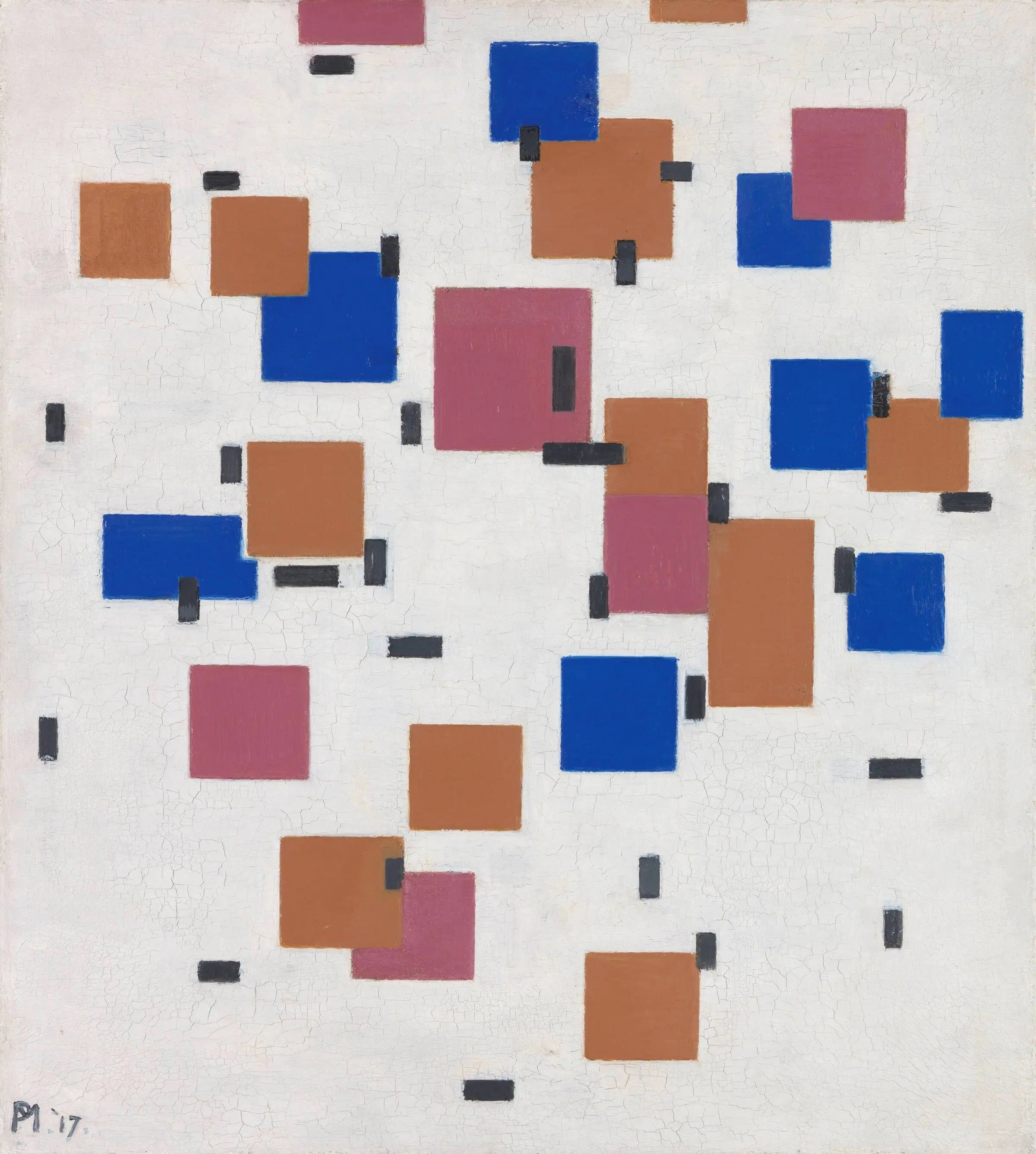 Blue, rose and ochre rectangles with short black lines float across a pale painted ground.