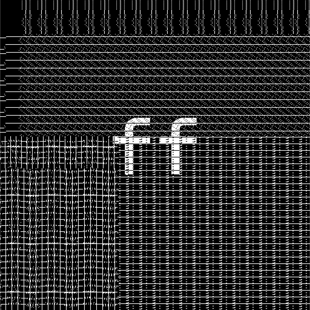 The still preview of monogrid ff, one of the 256 unique pieces in Kim Asendorf's Monogrid: dense black-and-white bands of sorted pixels with the edition's two-character label standing out of the grid; the work itself animates in real time, this is a frozen frame.