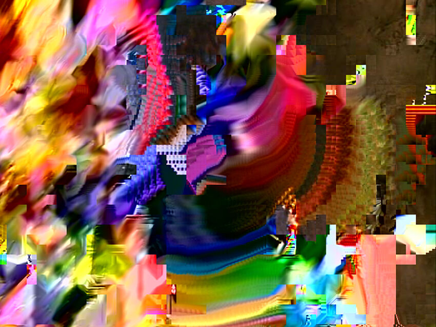 A still from Takeshi Murata's Monster Movie showing the datamoshed frames of the 1981 film Caveman dissolving into blocks and smears of colour.