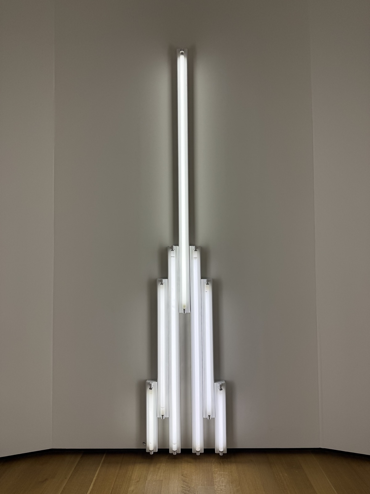 One of Dan Flavin’s “monument” for V. Tatlin fluorescent-tube works, dated 1966, installed at the National Gallery of Art in Washington.