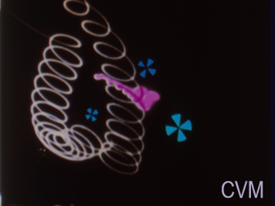 Bright looping white lines, magenta shapes and blue pinwheel forms against black in a Mood Contrasts film still.