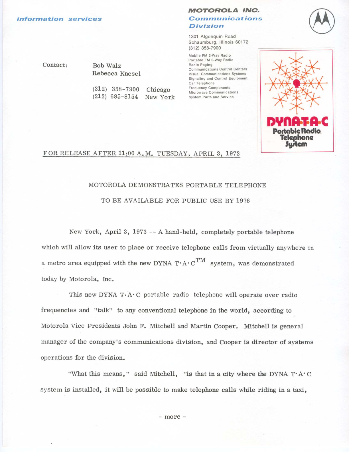 Motorola press-release page dated April 3, 1973, headed Motorola Demonstrates Portable Telephone.