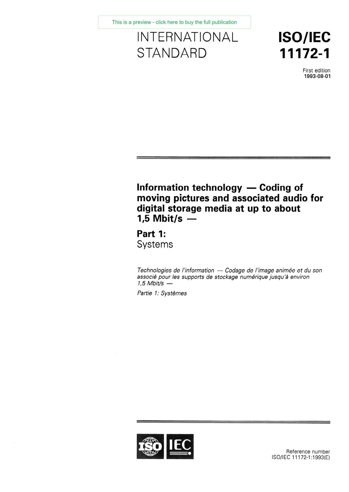 Original MPEG-1 standard cover with ISO/IEC 11172-1, first edition 1993-08-01, and the title Coding of moving pictures and associated audio.