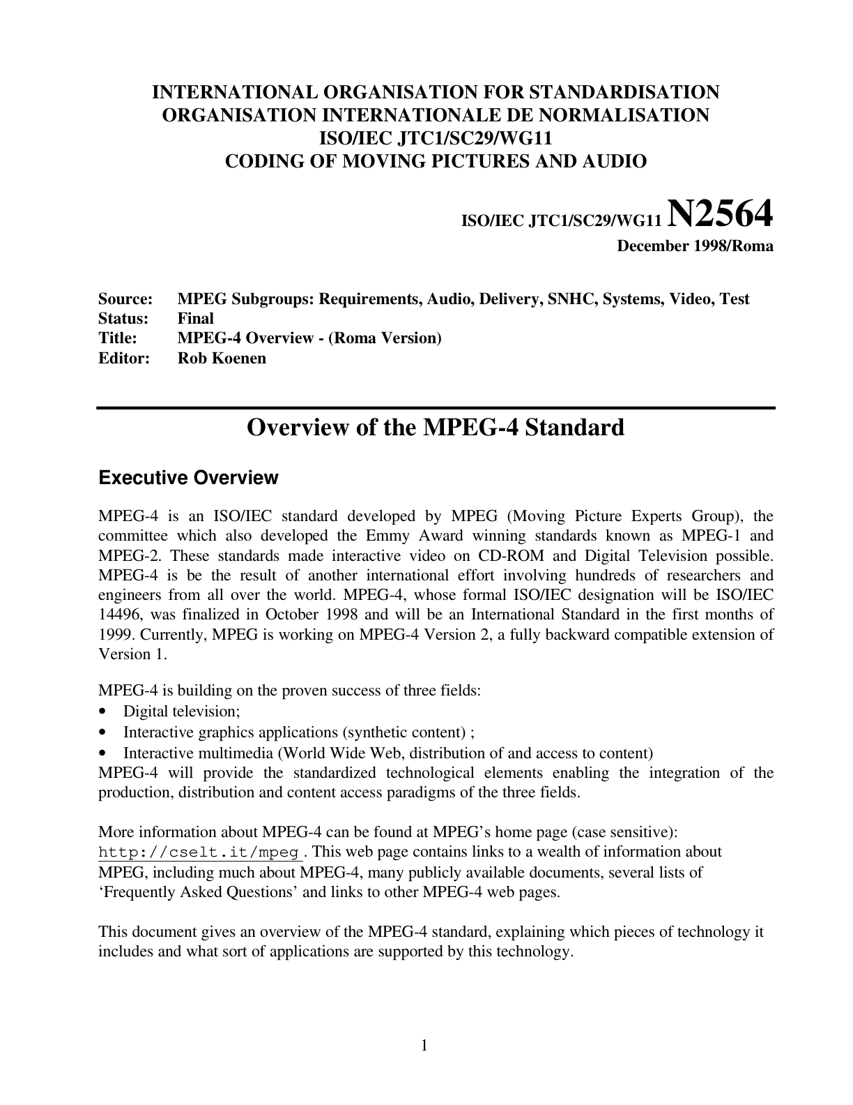 First page of the December 1998 MPEG-4 Overview document, showing its ISO committee number, title and executive overview.
