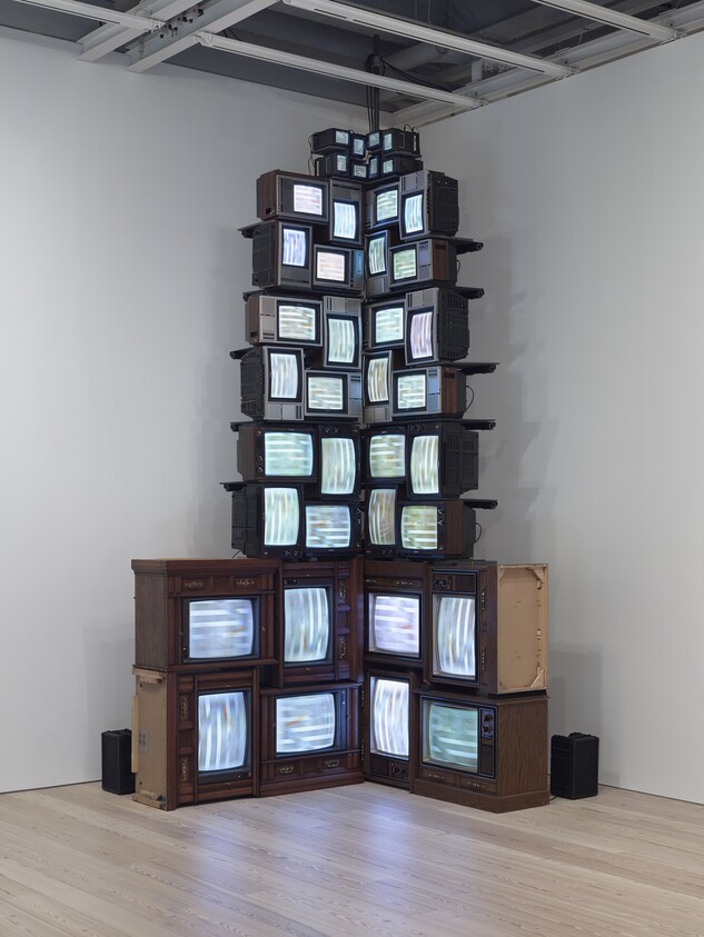 Nam June Paik's V-yramid (1982), the forty-monitor video pyramid he made for his 1982 Whitney retrospective and which the museum bought that year.