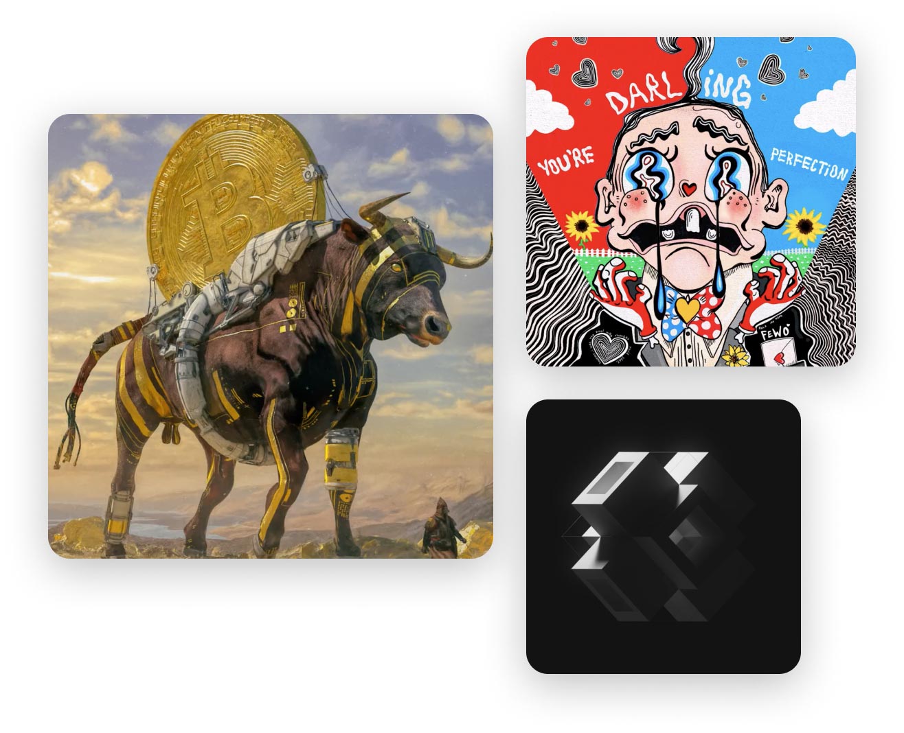 A promotional graphic from the Nifty Gateway homepage as archived in August 2021, showing three of the works then being sold on the platform as rounded tiles; not a single artwork.
