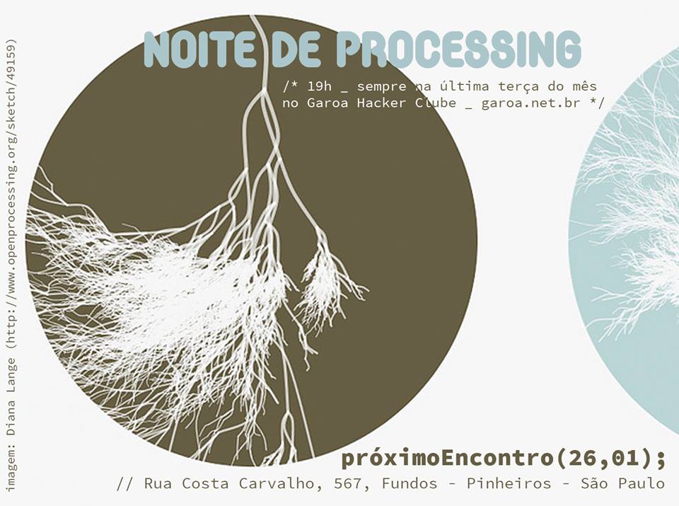 The invitation card for the Noite de Processing meeting of 26 January 2016, carrying a white root-like generative sketch by Diana Lange and the line “19h _ sempre na última terça do mês no Garoa Hacker Clube.”