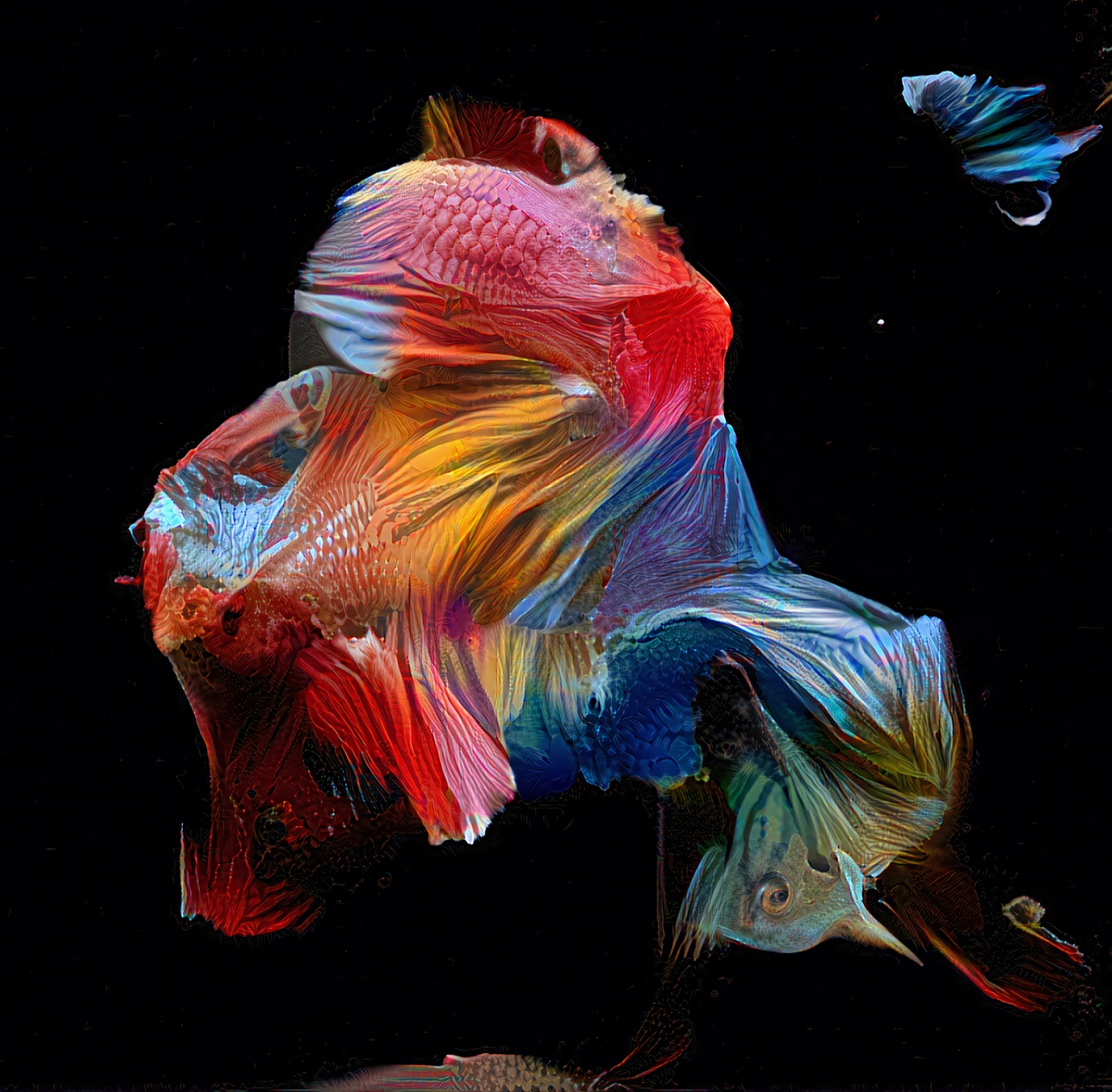 Trinity, a work from Sofia Crespo's Neural Zoo series, in which neural-network textures are recombined into an invented, many-finned sea creature on a black ground.