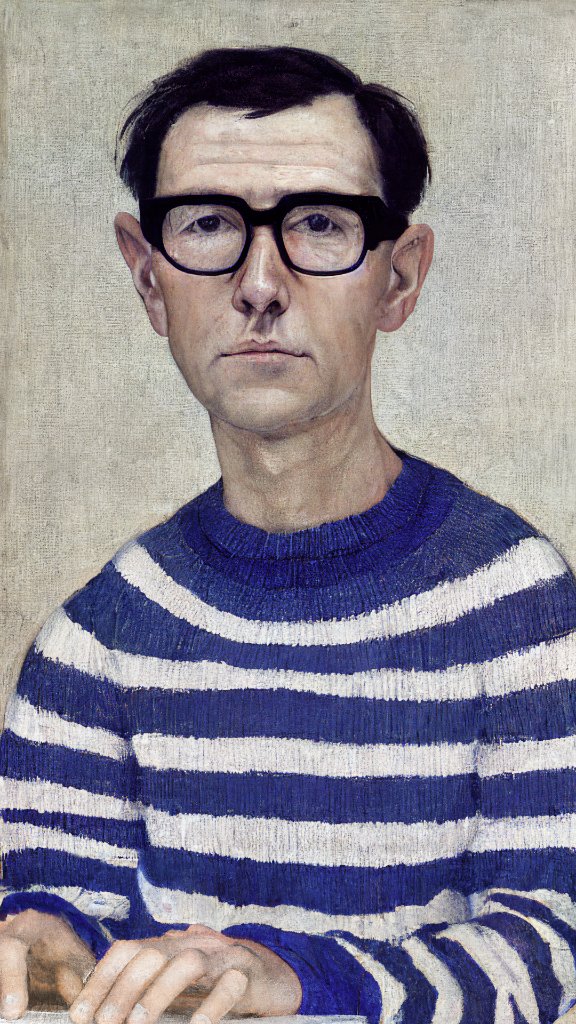Mario Klingemann's Portrait of a man (75 years old)..., the first work named in this year's AI list: a prompt rendered as a sober painted portrait of a man in black-rimmed glasses and a blue-and-white Breton jumper, hands folded, against a pale ground.