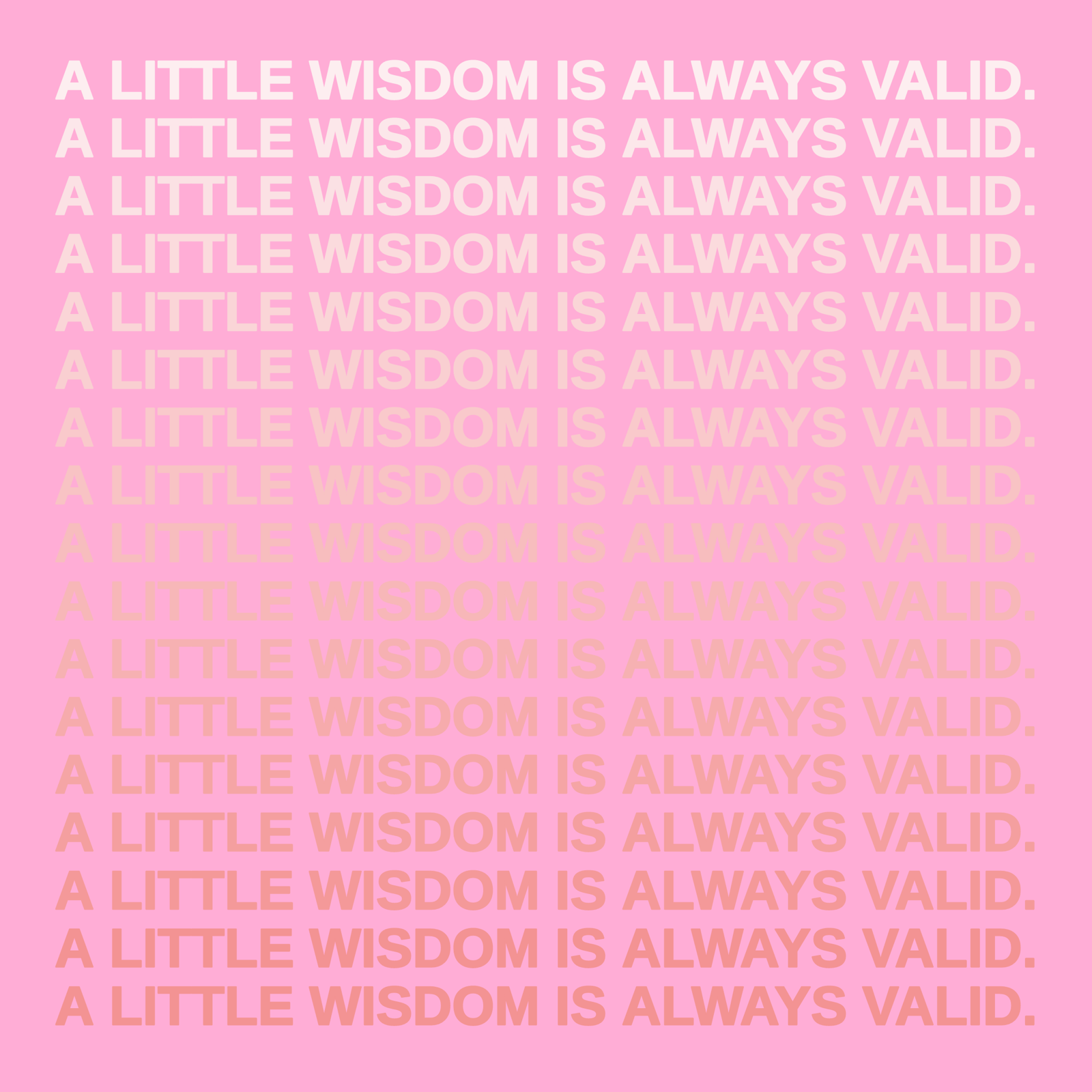 Maya Man's FAKE IT TILL YOU MAKE IT #80, one of the works listed in this entry: the affirmation 'A LITTLE WISDOM IS ALWAYS VALID.' stacked eighteen times in bold caps across a pink field, fading out and back in through the middle of the frame.