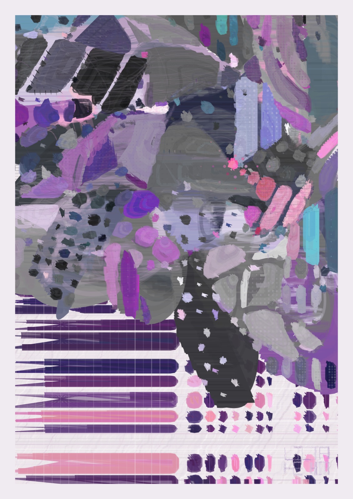 Licia He's Sparkling Goodbye #77, the first work named in this entry: expanding, rotating geometries in violet, grey and pink laid over combed, brush-like texture, with a fringe of fine vertical strokes along the lower edge.