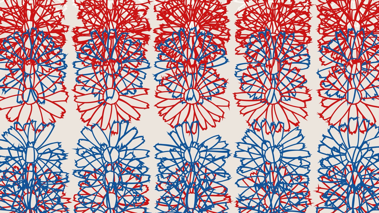 A work from Tyler Hobbs's Petal Loops, 2020: columns of looping red and blue plotter-like strokes forming stacked flower heads on an off-white ground.