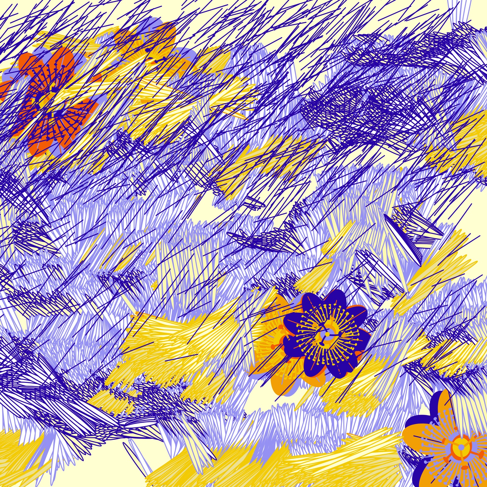 Fragments of an Infinite Field #0 by Monica Rizzolli: blue and yellow strokes of falling blossom drifting across a pale field, the Art Blocks project this entry's citation points at.