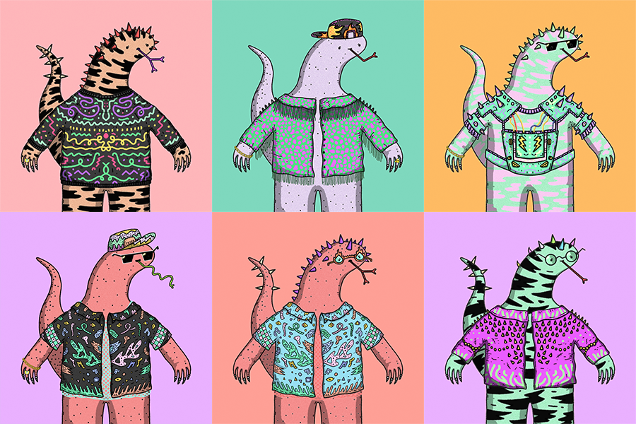 Six colorfully dressed, hand-drawn lizard characters appear against different pastel backgrounds.