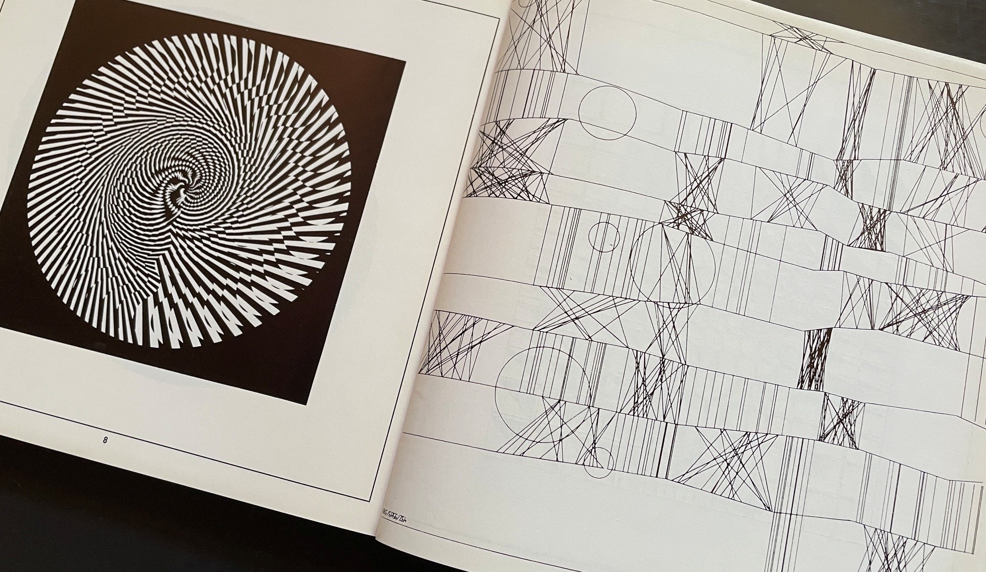 Open catalogue showing a black-and-white optical spiral on the left and an intricate field of lines, circles and geometric partitions on the right.