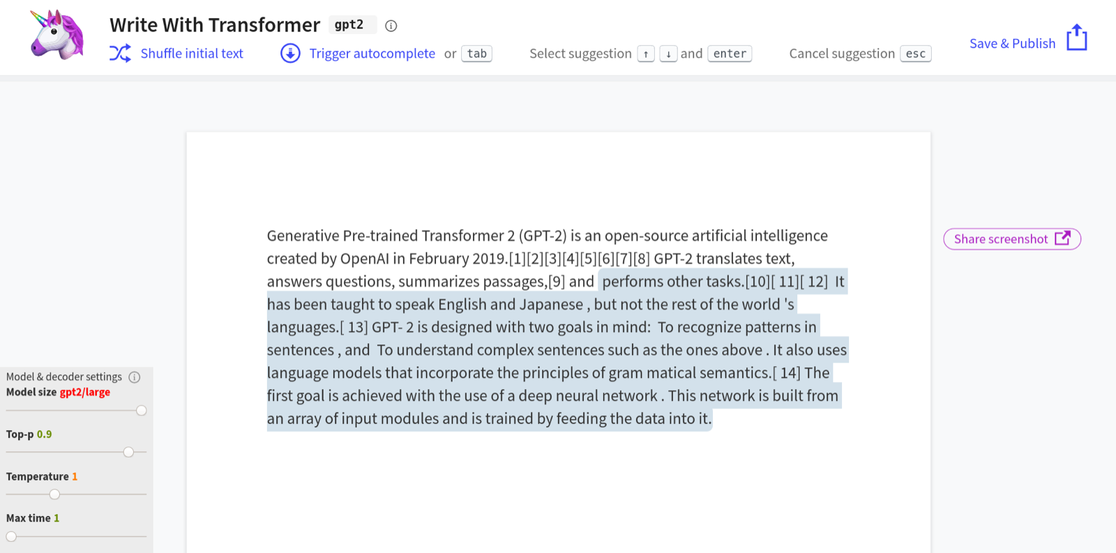 A screenshot of a browser-based GPT-2 text-generation interface, in which the model has been prompted to write about GPT-2 itself; the highlighted passages are the machine-generated continuations.