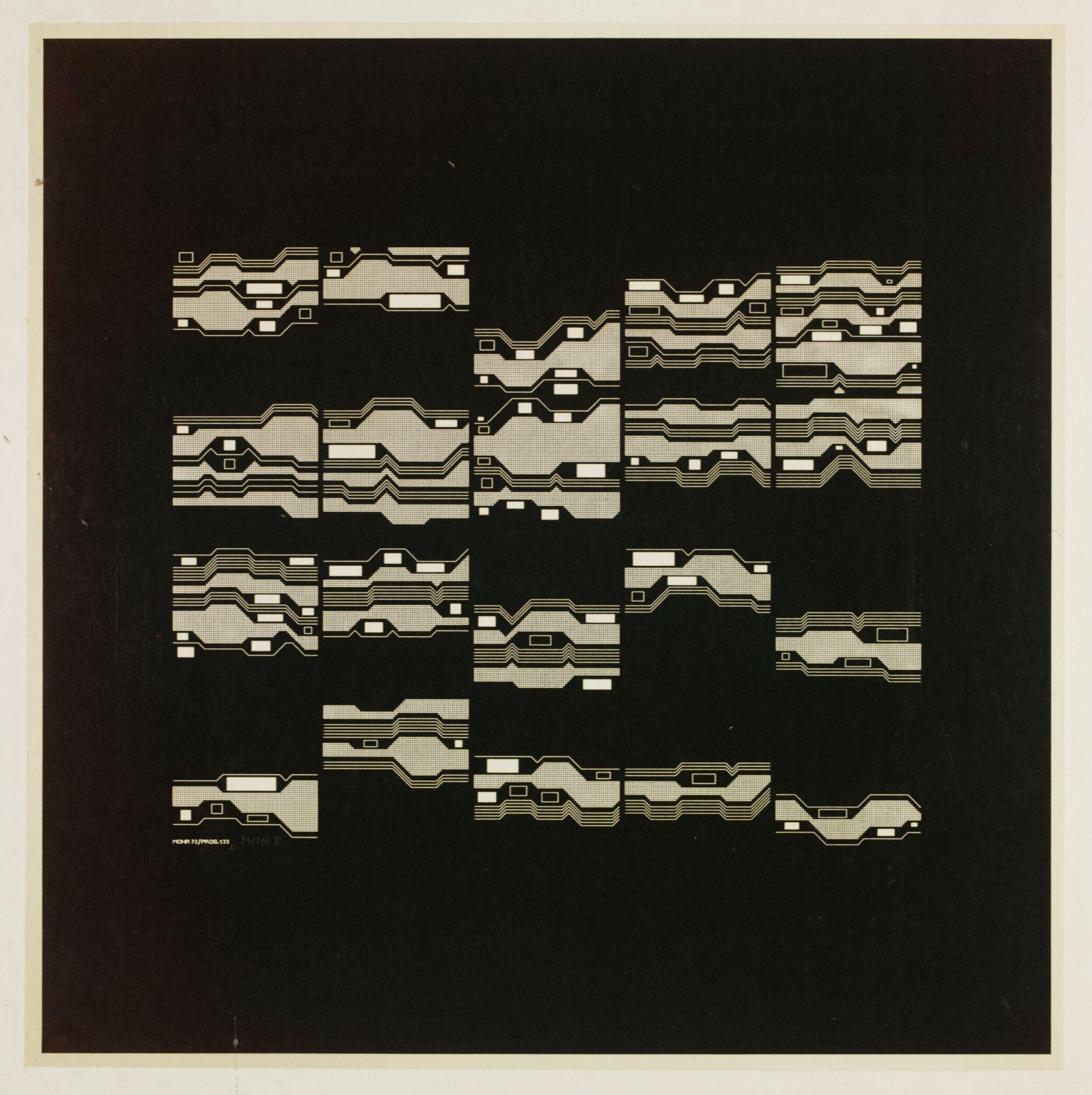 Not P-120-A: Manfred Mohr's P-133 (cluster phobia) of 1972, a dense field of algorithmically placed marks made in the same year and from the same generative-aesthetics programme as Meta Language II.