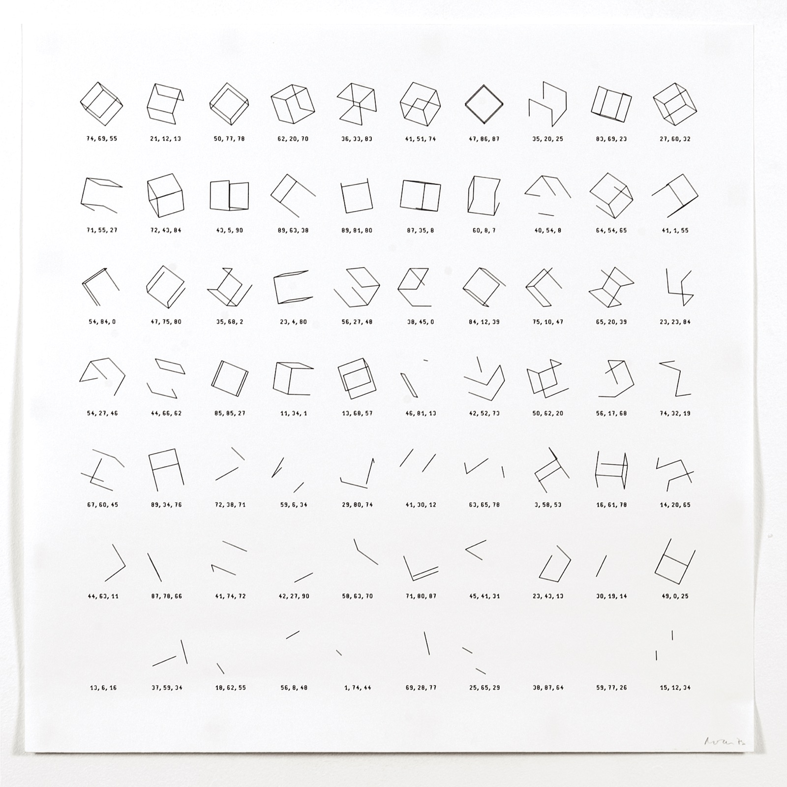 Manfred Mohr's plotter drawing P-154-C1 (1973): a seven-by-ten grid of wireframe cubes, each captioned with its three rotation angles and each progressively stripped of lines until only fragments remain.