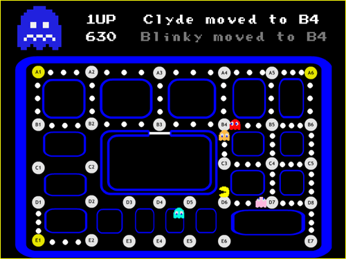 A screenshot of the Pac-Manhattan live tracking board, which mapped the Washington Square street grid onto a Pac-Man maze and updated players' positions in real time ('Clyde moved to B4').