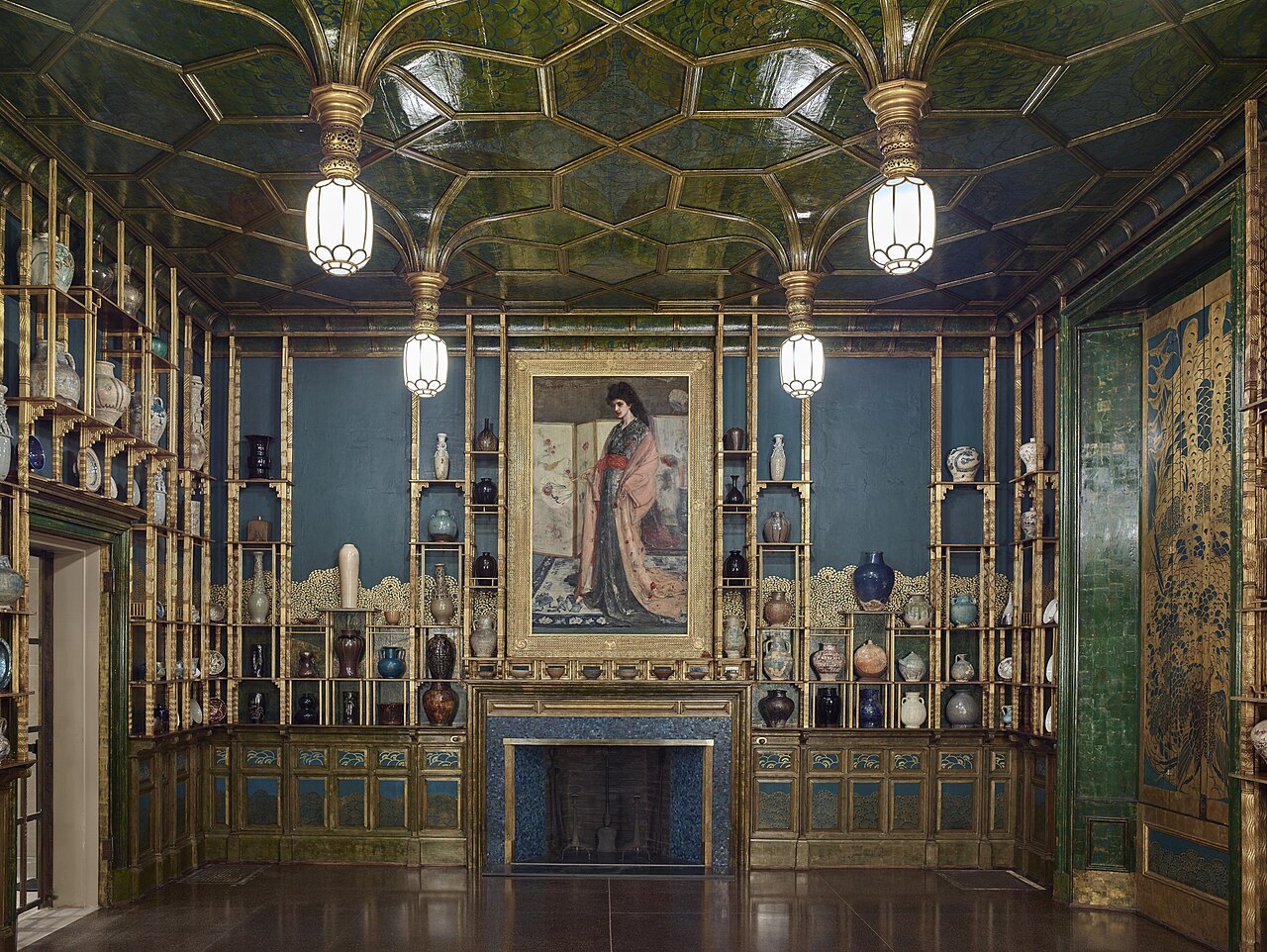 Interior view of the Peacock Room as reinstalled at the Freer Gallery of Art, with Whistler's La Princesse du pays de la porcelaine above the fireplace and the gilded shelving he painted over Jeckyll's scheme.