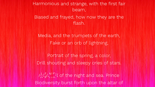 The project's own preview image for POEMPORTRAITS: machine-generated verse set in white type over the red-to-magenta gradient the experiment renders behind each poem.