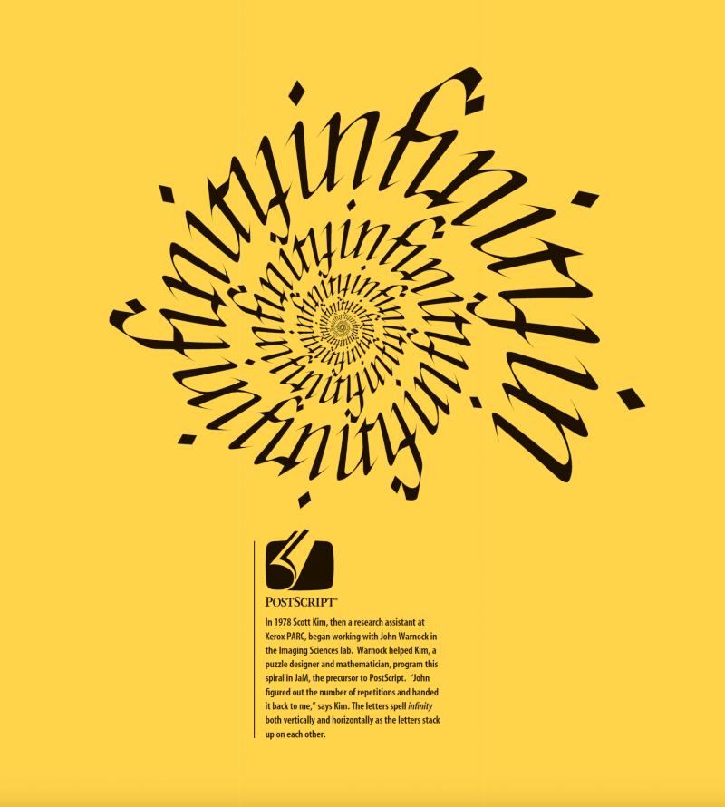 Adobe's 'Infinity' poster - a calligraphic spiral Scott Kim programmed with John Warnock, printed beneath the PostScript logo - reproduced by the Computer History Museum in its account of PostScript's 1984 release.