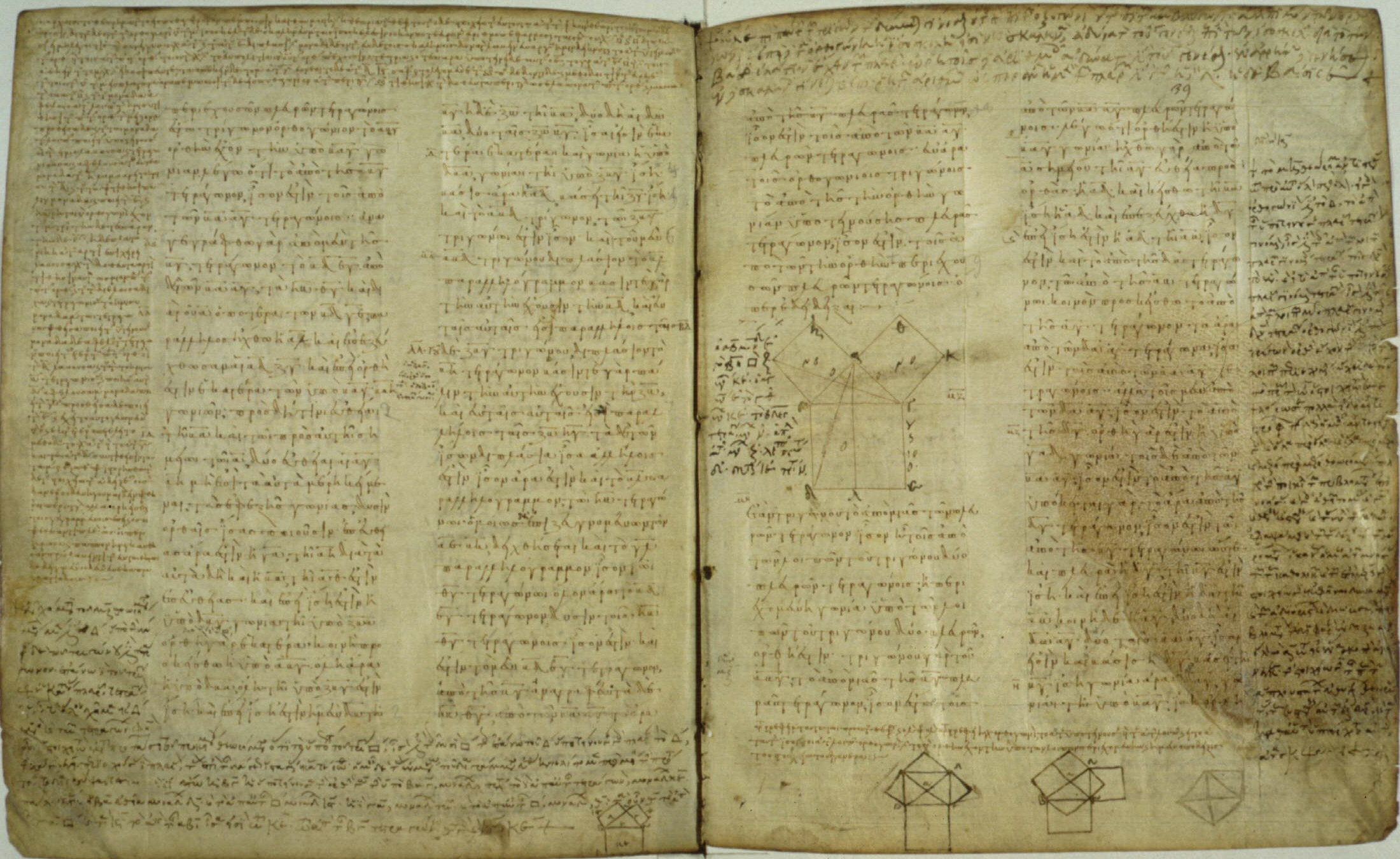 Open parchment manuscript with Greek text, extensive marginal notes and geometric diagrams of squares on a triangle’s sides.