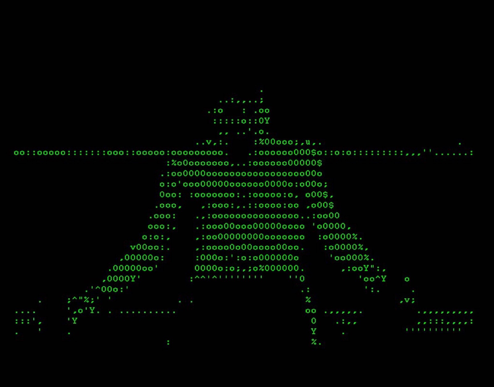 A still from Vuk Cosic's Raging Bull, in which the film's images are reduced entirely to green ASCII characters on black; the companion work Deep ASCII is not shown.