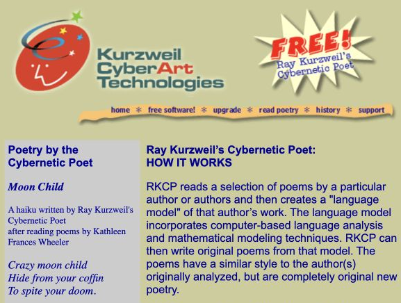 The Cybernetic Poet website shows the poem Moon Child and explains how the program generates poems from source texts.