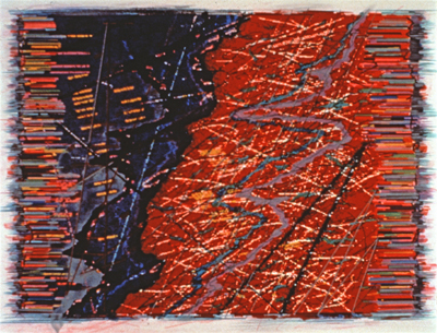 Karen Guzak's 1987 lithograph Red Ridge, reproduced from the slide scan held by the Washington State Arts Commission; the work is installed at Hamblen Elementary School, Spokane.